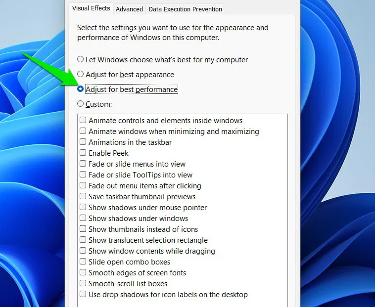 Désactivation des effets visuels dans les paramètres de performances