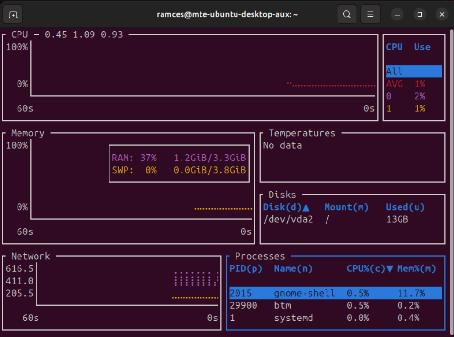 Un terminal affichant la disposition des widgets par défaut pour Bottom.