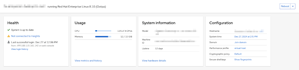 Une capture d'écran montrant les détails d'un système RHEL exécutant Cockpit.