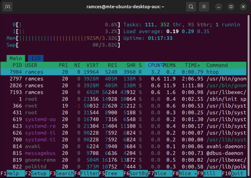 Un terminal affichant l'écran par défaut pour htop.