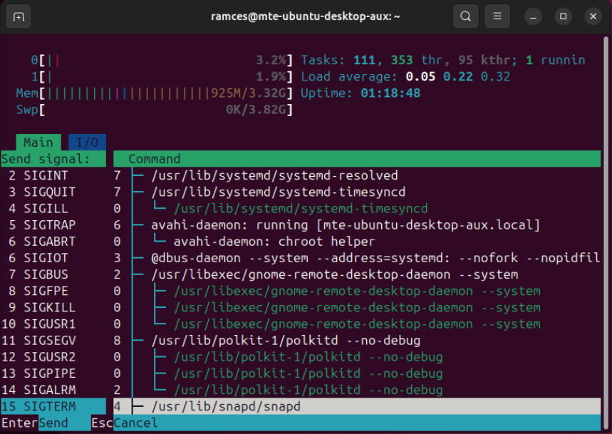 Un terminal affichant les différents signaux d'interruption que vous pouvez utiliser sur un processus dans htop.