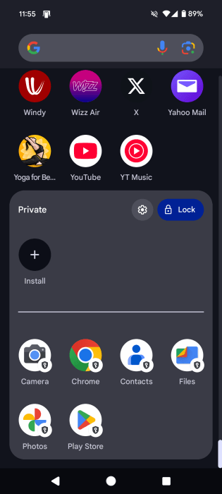 Vue Espace privé sur téléphone Android.