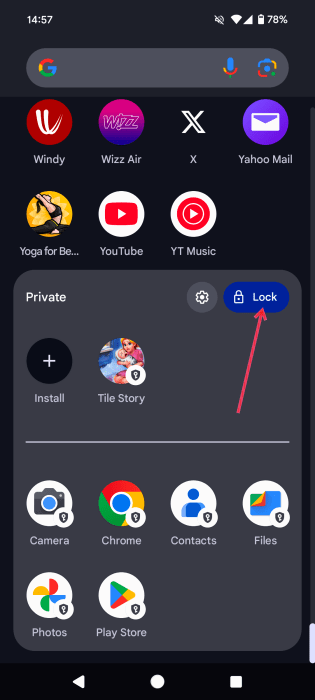 Verrouillage de l'espace privé après l'ajout d'une application sur Android.
