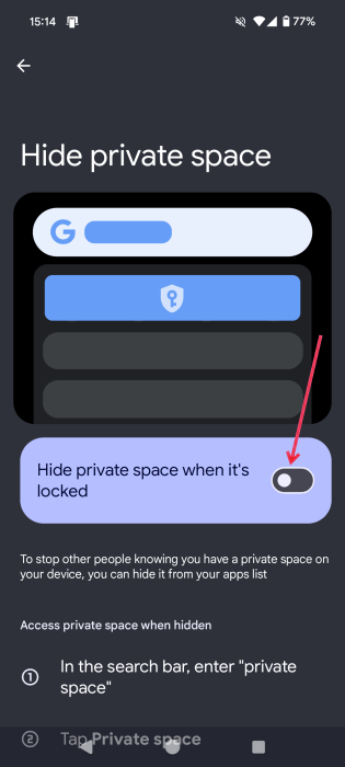 Activer la bascule pour "Masquer l'espace privé lorsqu'il est verrouillé" sur Android.