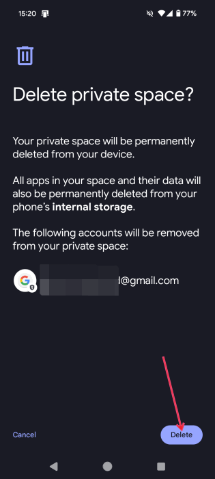 Confirmation de la suppression de Private Space sur Android.
