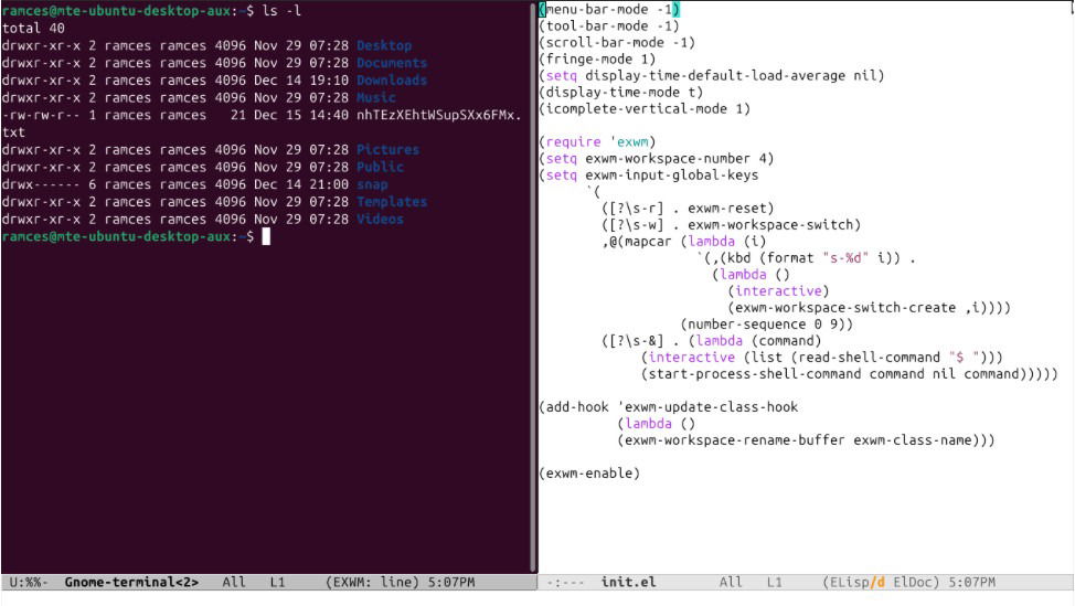 Une capture d'écran montrant le fichier de configuration principal d'Emacs pour le bureau Exwm.