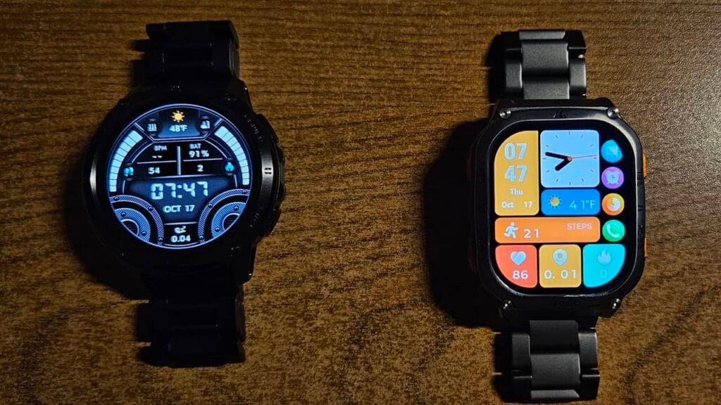 Two Kospet smartwatches side by side.