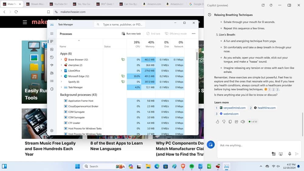 Gestionnaire des tâches affichant les applications et services ouverts.
