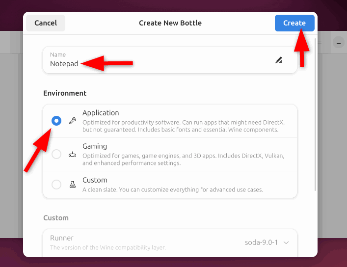 Spécification des informations sur les nouvelles bouteilles pour créer un environnement d'application Windows.
