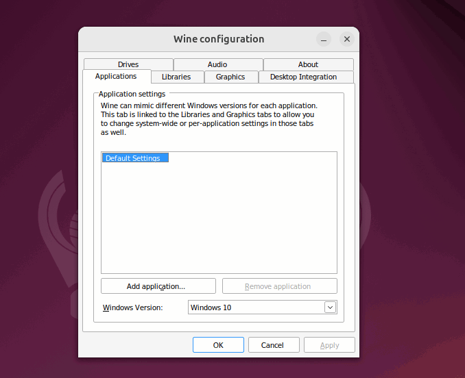 Ouverture de la configuration de Wine à l'aide de la commande winecfg.