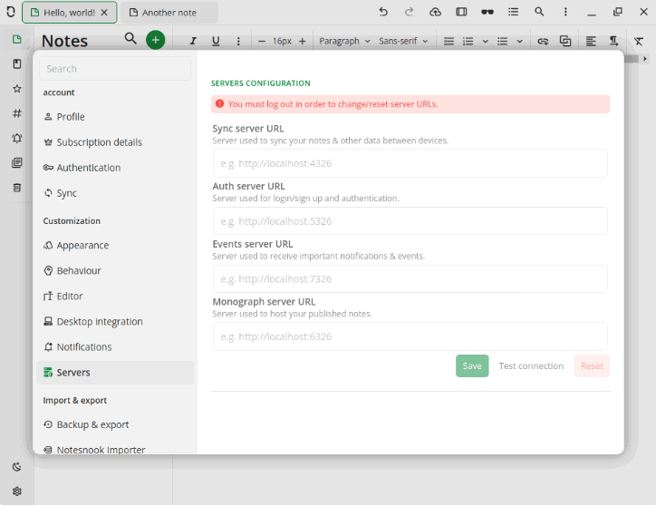 Une capture d'écran montrant l'écran des paramètres pour configurer un serveur Notesnook local.
