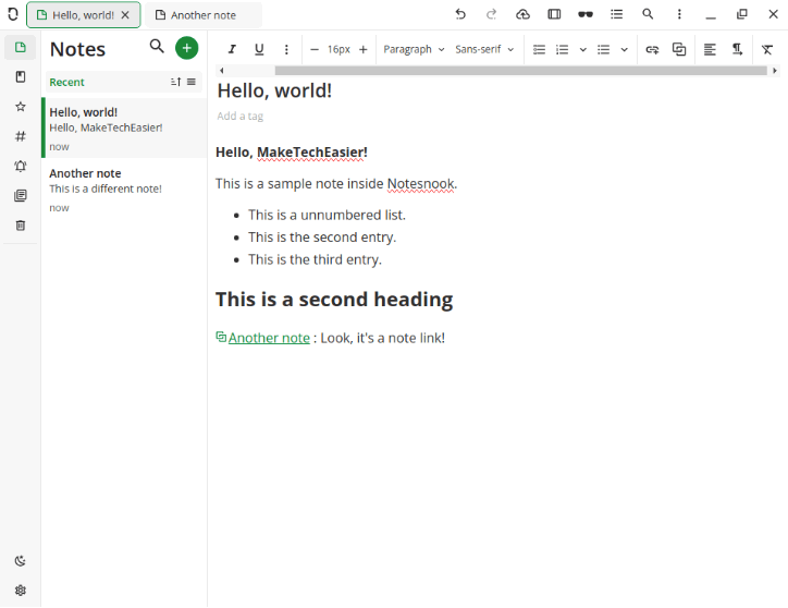 Une capture d'écran montrant la page de destination par défaut pour Notesnook avec un exemple de note.