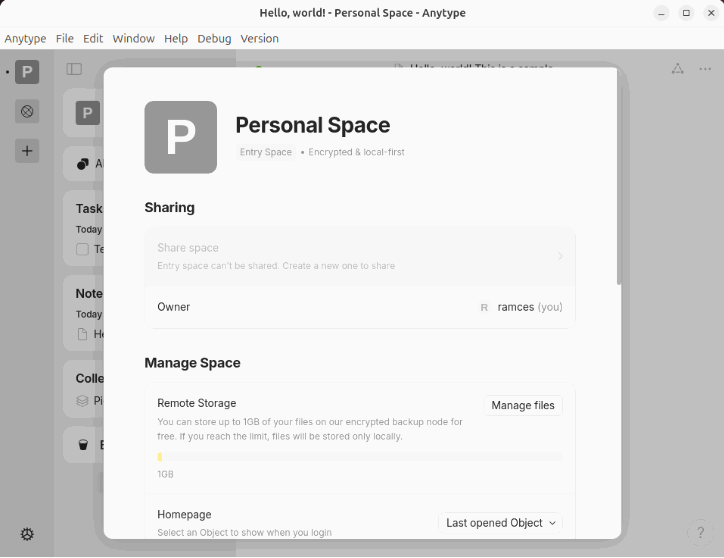 Une capture d'écran montrant les propriétés d'un espace Anytype.