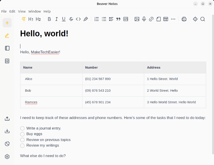 Une capture d'écran montrant une note complexe dans Beaver Notes.