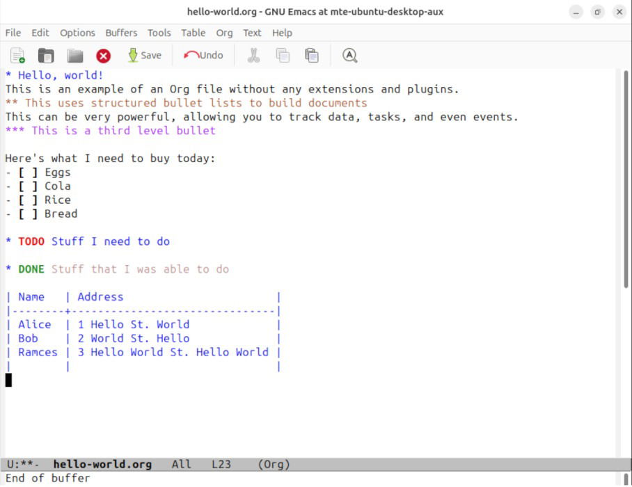 Une capture d'écran montrant un document de base en mode organisation dans Emacs.