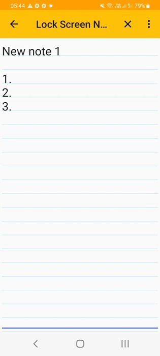 Enregistrement d'une note avec des éléments à puces dans l'application Lock Screen Notes pour Android.