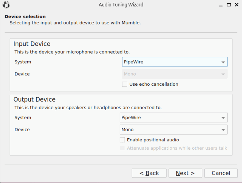 Une capture d'écran montrant la sélection de périphérique audio par défaut pour Mumble.