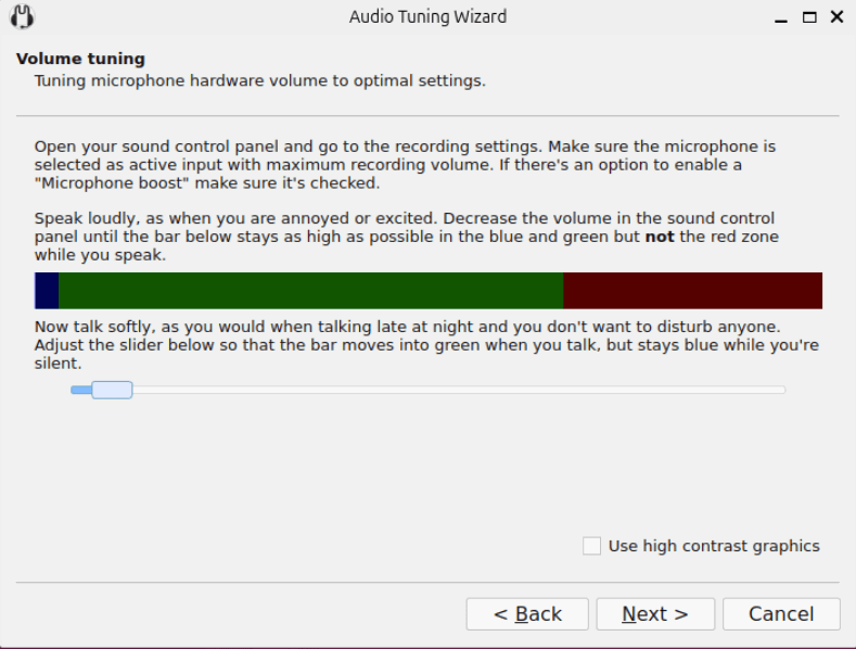 Une capture d'écran montrant le processus de réglage du niveau audio pour Mumble.