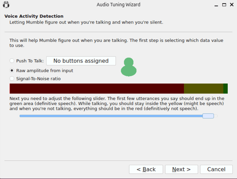Une capture d'écran montrant le processus de configuration de la détection vocale dans Mumble.