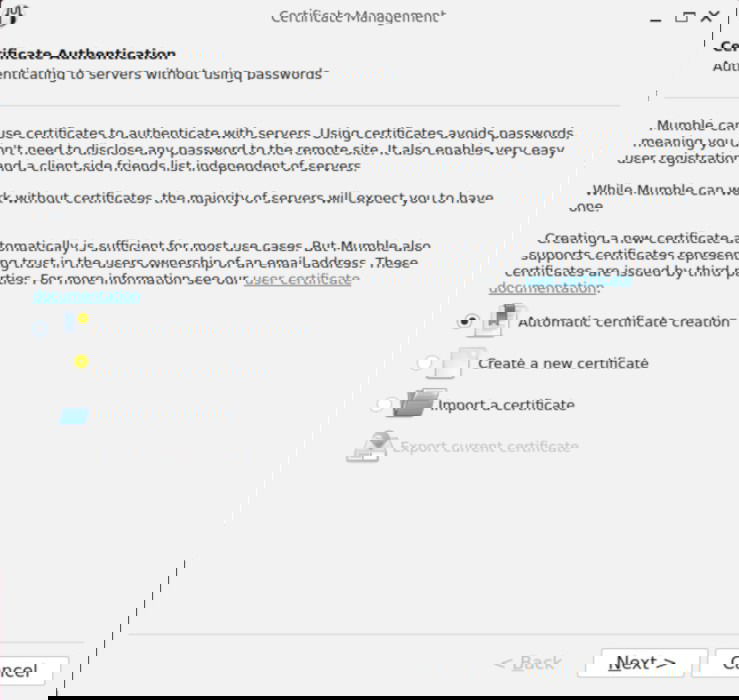 Une capture d'écran montrant la vérification du certificat pour les serveurs Mumble.