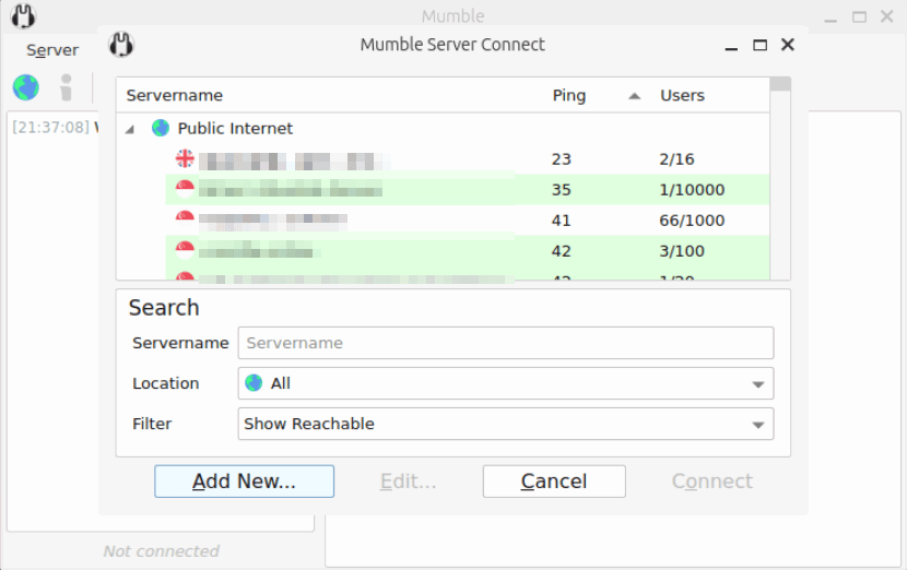 Une capture d'écran montrant les différents serveurs publics actuellement disponibles dans Mumble.