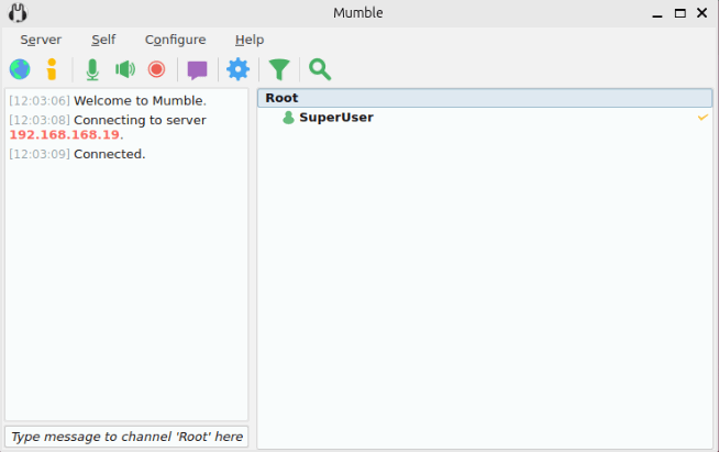 Une capture d'écran montrant le compte superutilisateur connecté au nouveau serveur Mumble.