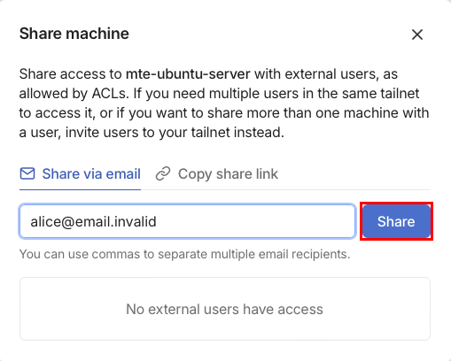 Une capture d'écran montrant l'invite pour inviter de nouveaux utilisateurs à un nœud Tailscale.