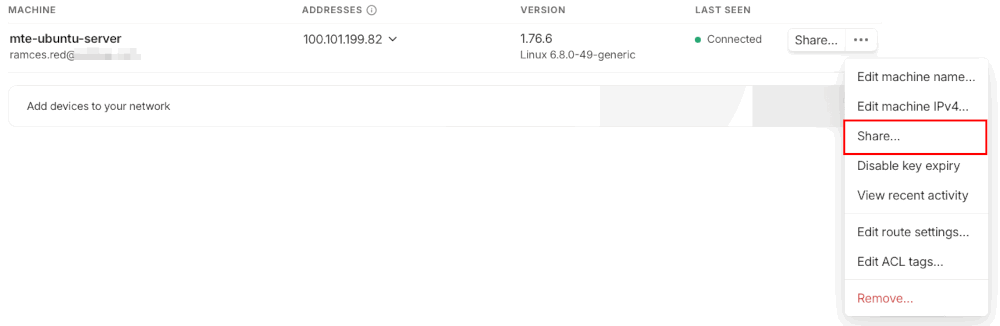 Une capture d'écran mettant en évidence le "Partager..." option sur l’entrée Tailscale du serveur Mumble.