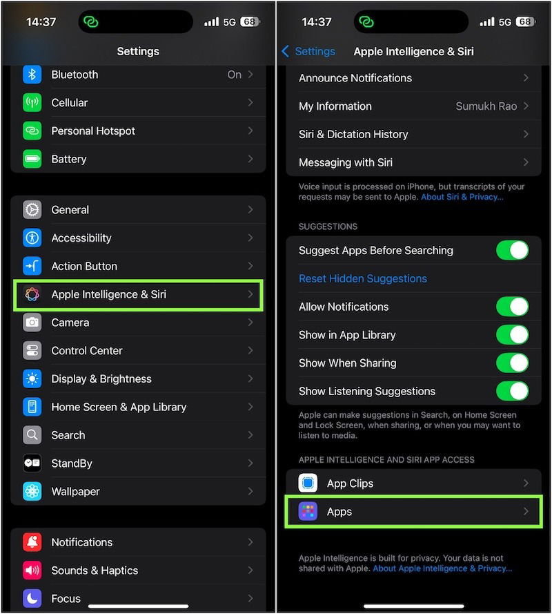 Paramètres de recherche et de suggestions Siri