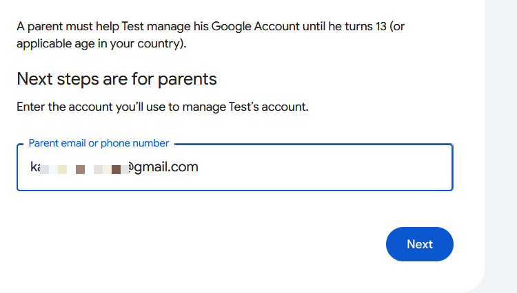 Page de courrier électronique des parents pour la création d'un compte Google