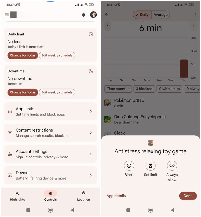 Application Google Family Link affichant le menu de restriction des applications