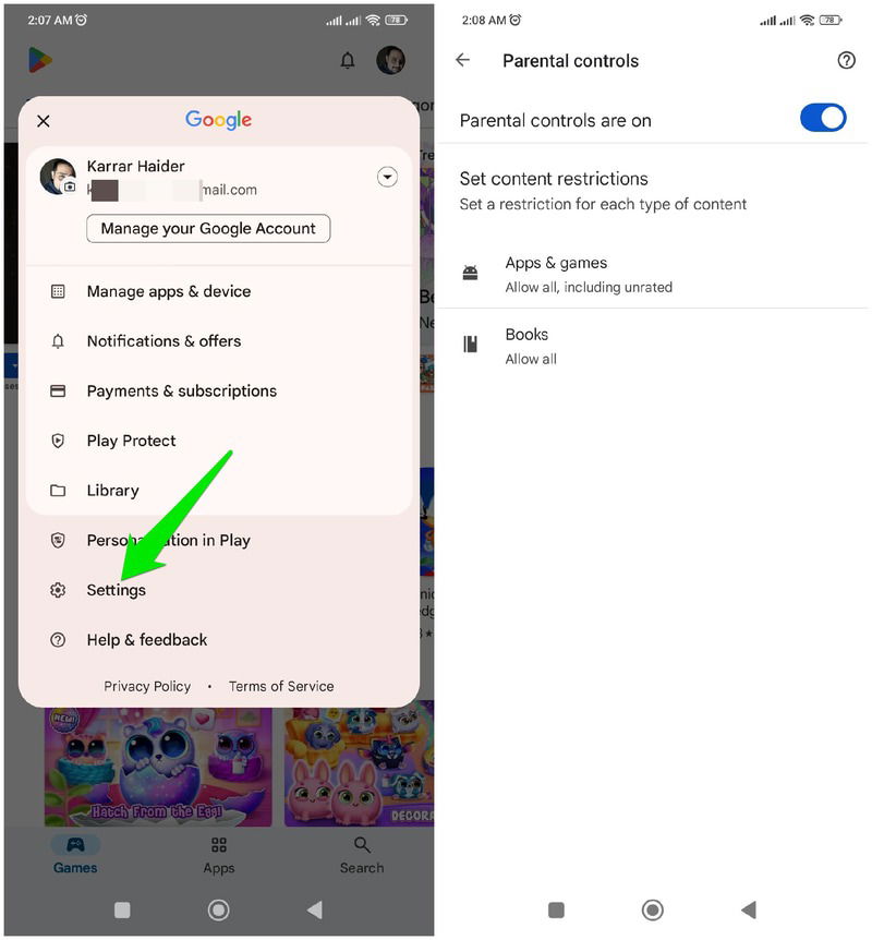 Options de contrôle parental Google Playstore affichées activées