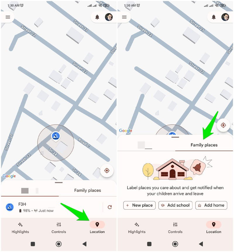 Fonction de suivi de localisation de Google Family Link affichant la position actuelle