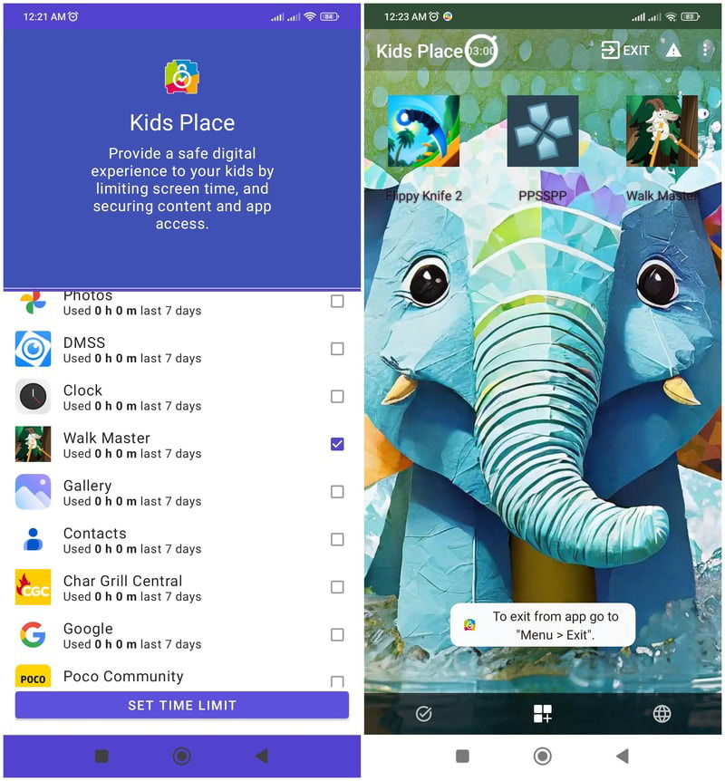 Liste des applications Kids Place sur un fond d'écran d'éléphant