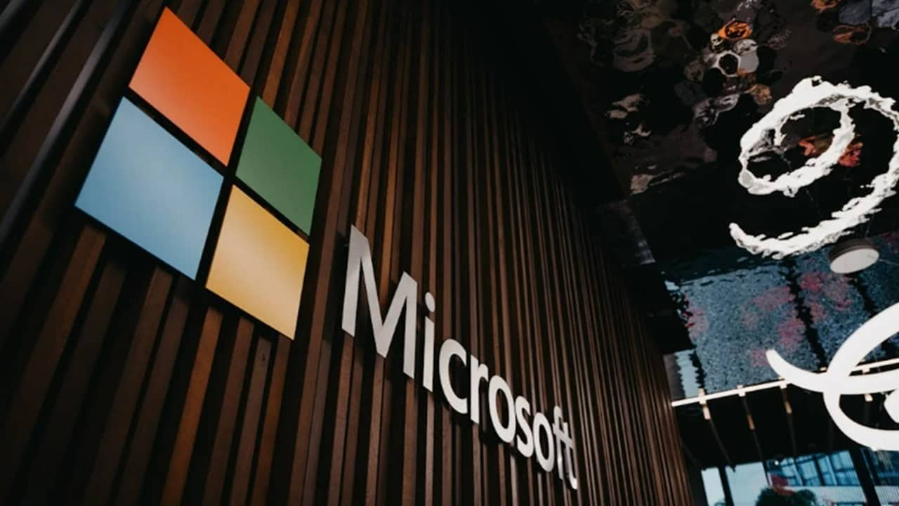 Microsoft logo on building.