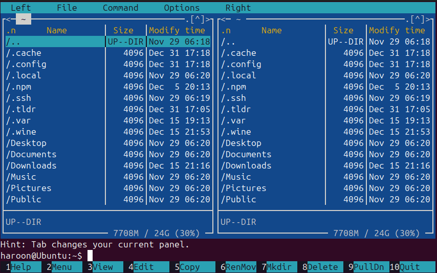 Affichage des fichiers sur Mc File Manager sous Linux.