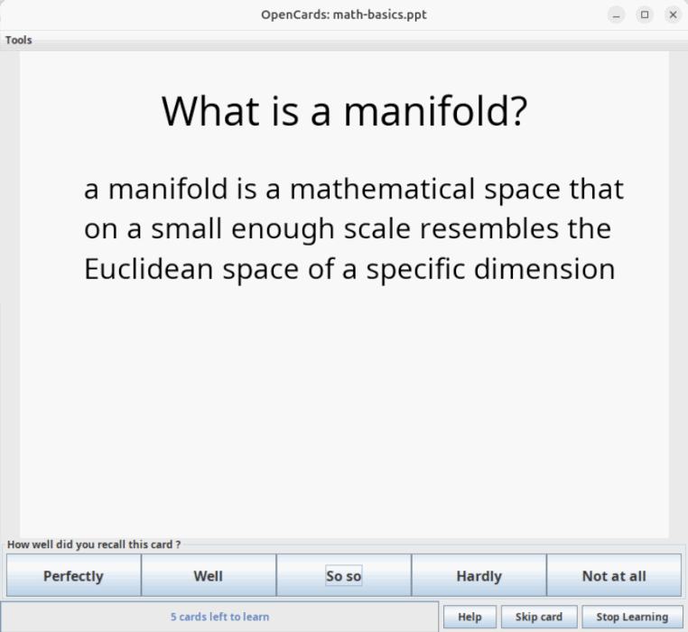 Une capture d'écran montrant un exemple de flashcard dans OpenCards.
