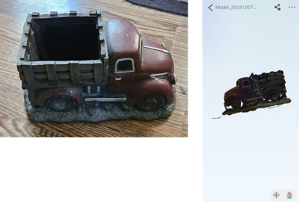 Planteur de camion original à côté du modèle 3D numérisé.