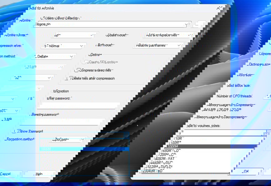 Ajouter aux archives Préréglages de taille 7zip