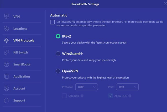 Les différents protocoles VPN utilisés par PrivadoVPN tels que IKEv2, WireGuard et OpenVPN.