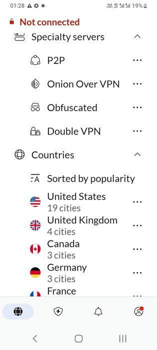 Exemple de VPN mobile, NordVPN sur Android avec ses différents serveurs mondiaux spécialisés et réguliers.