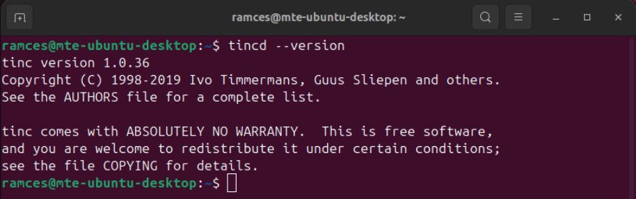 Un terminal affichant la version actuelle de Tinc fonctionnant sur Ubuntu.