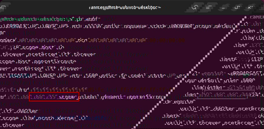 Un terminal mettant en avant l'adresse IP privée de la machine Ubuntu.