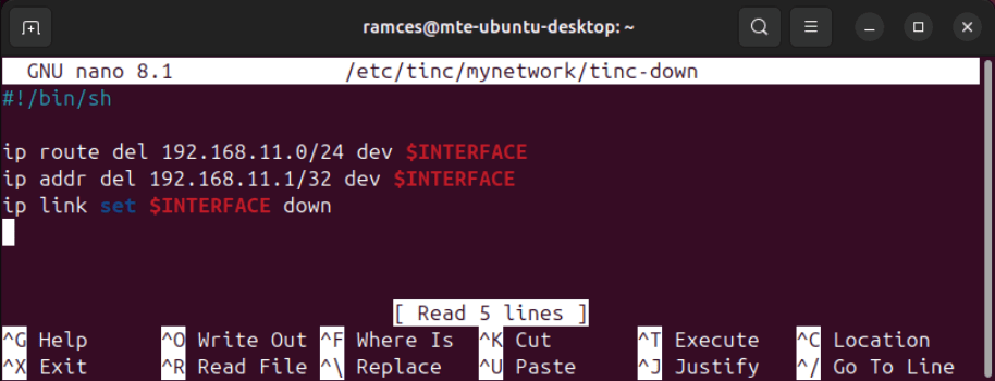 Un terminal affichant le contenu du script tinc-down dans Ubuntu.