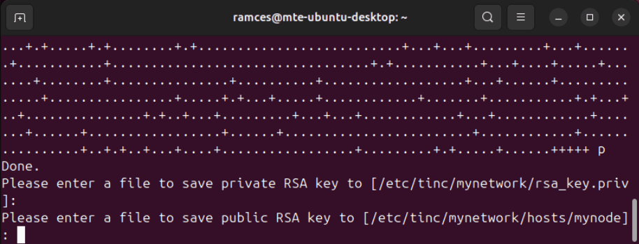 Un terminal montrant le processus de génération de paires de clés pour Tinc dans Ubuntu.