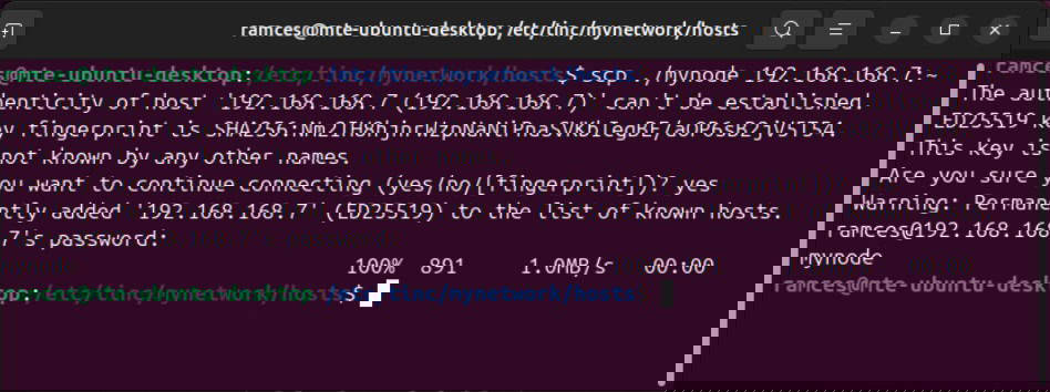 Un terminal montrant le processus de transfert de la configuration du client Tinc d'un système à un autre.