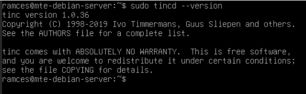 Un terminal affichant la version Tinc sur Debian.