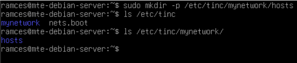 Un terminal affichant la structure des répertoires de la configuration Tinc du client.