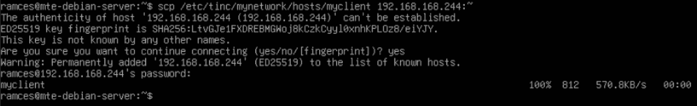 Un terminal montrant le processus de transfert du fichier de configuration Tinc du client vers un homologue du réseau.