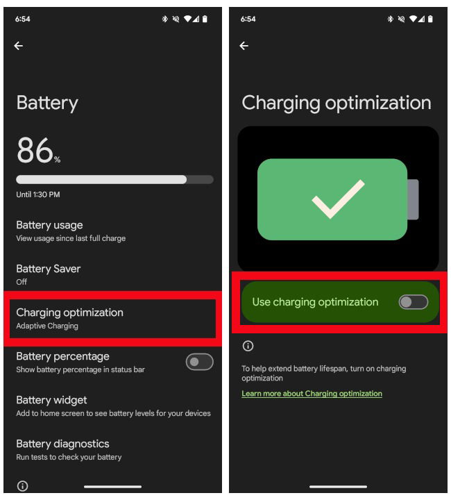 Activation de l'optimisation de la charge sur un appareil Android